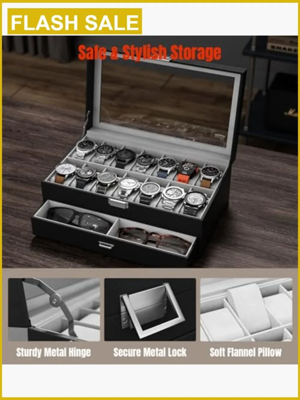 14-Slot Watch Display Case with Glass Lid, Double Layer PU Leather Storage,
